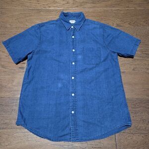 Faherty Shirt Men's Medium Blue Indigo Dyed Geometric Dots Short Sleeve Button